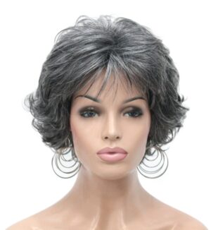 Kalyss 10″ Short Curly Wavy Wig with Bangs for Women Premium Heat Resistant Synthetic Hair Wig (Gray)