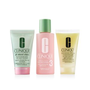 Clinique 3-Step Refresher Course Skincare Set For Oily Combination Skin Types | Mini Travel Size Face Soap, Clarifying Lotion,+ Dramatically Different Gel | Cleansing, Exfoliating + Moisturizing