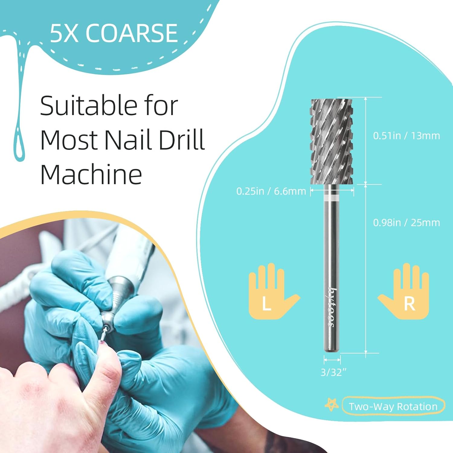 5XC PRO Large Barrel Nail Drill Bits, 6.6mm Flat Top Professional Acrylic Gel Removal Drill Bit for Nails, 2 Way 3/32" Electric efile Manicure Nail Accessories Tool - Image 3