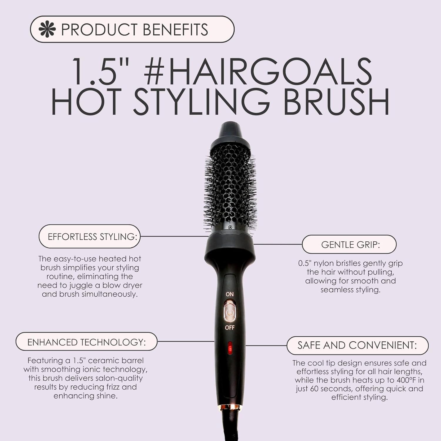 Aria Beauty HairGoals Hot Styling Brush - Hair Dryer and Blow Dryer with Round Brush Adds Volume - Achieves Perfect Blowout Effect - Black - 1 pc - Image 2