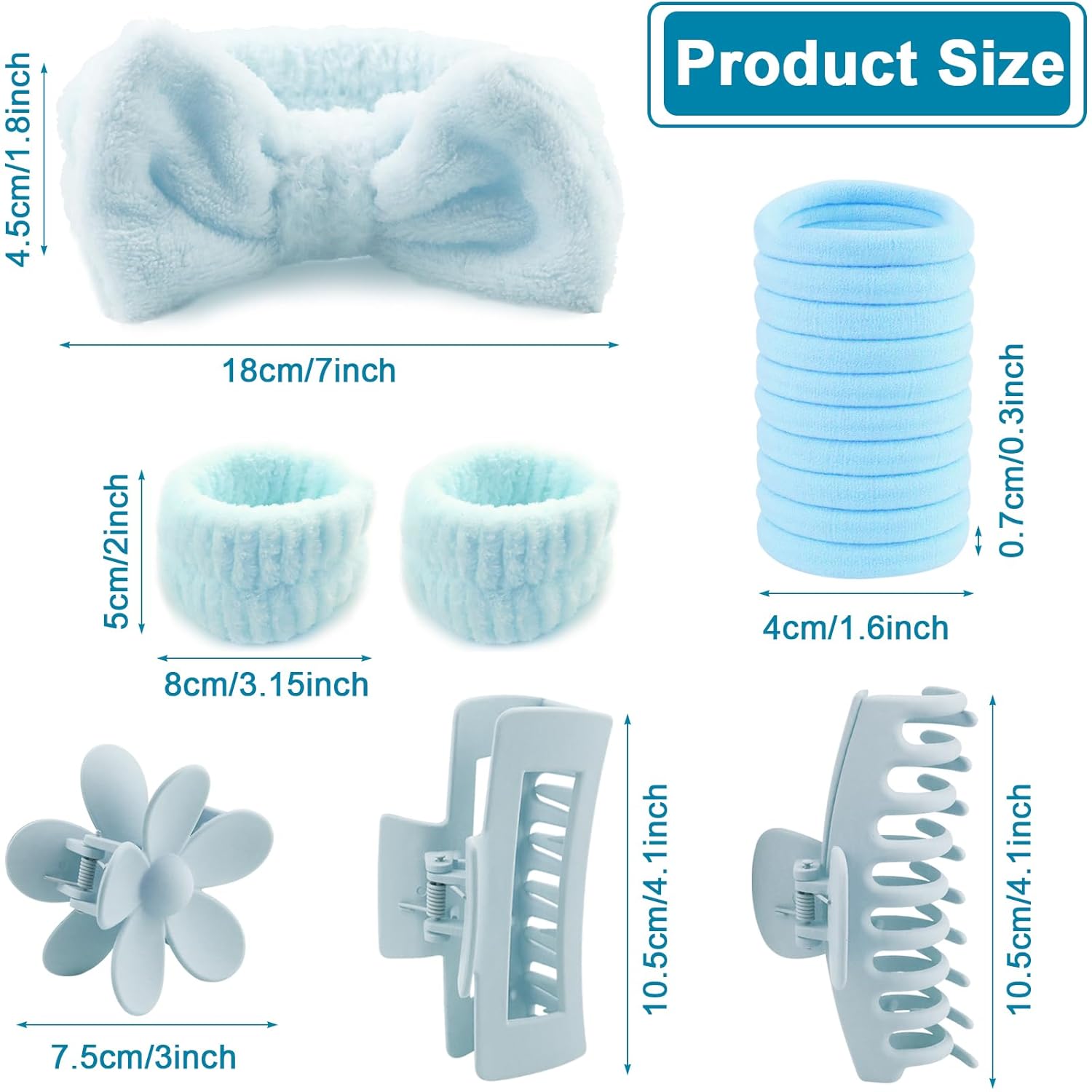 16 Pcs Face Wash Headband Wristband Hair Clips Ponytail Holders Set for Women, Soft Spa Bowknot Headband, Plastic Claw Clips, Elastics Hair Tie for Facial Skincare Makeup (Blue, M) - Image 2