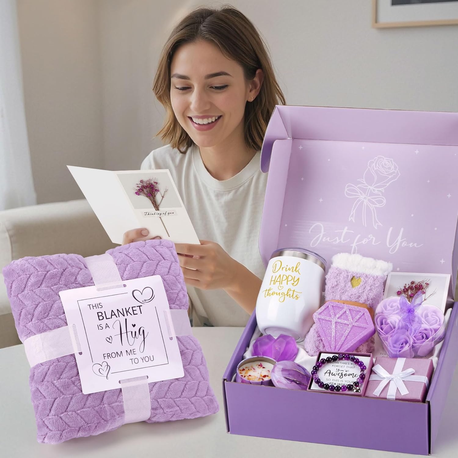Birthday Gifts for Women Self Care Gift Set, Purple Relaxing Spa Gift Baskets Care Package Get Well Soon Gifts, Unique Christmas Gifts for Mom Her Sister Friend Wife Grandma Girlfriend - Image 8