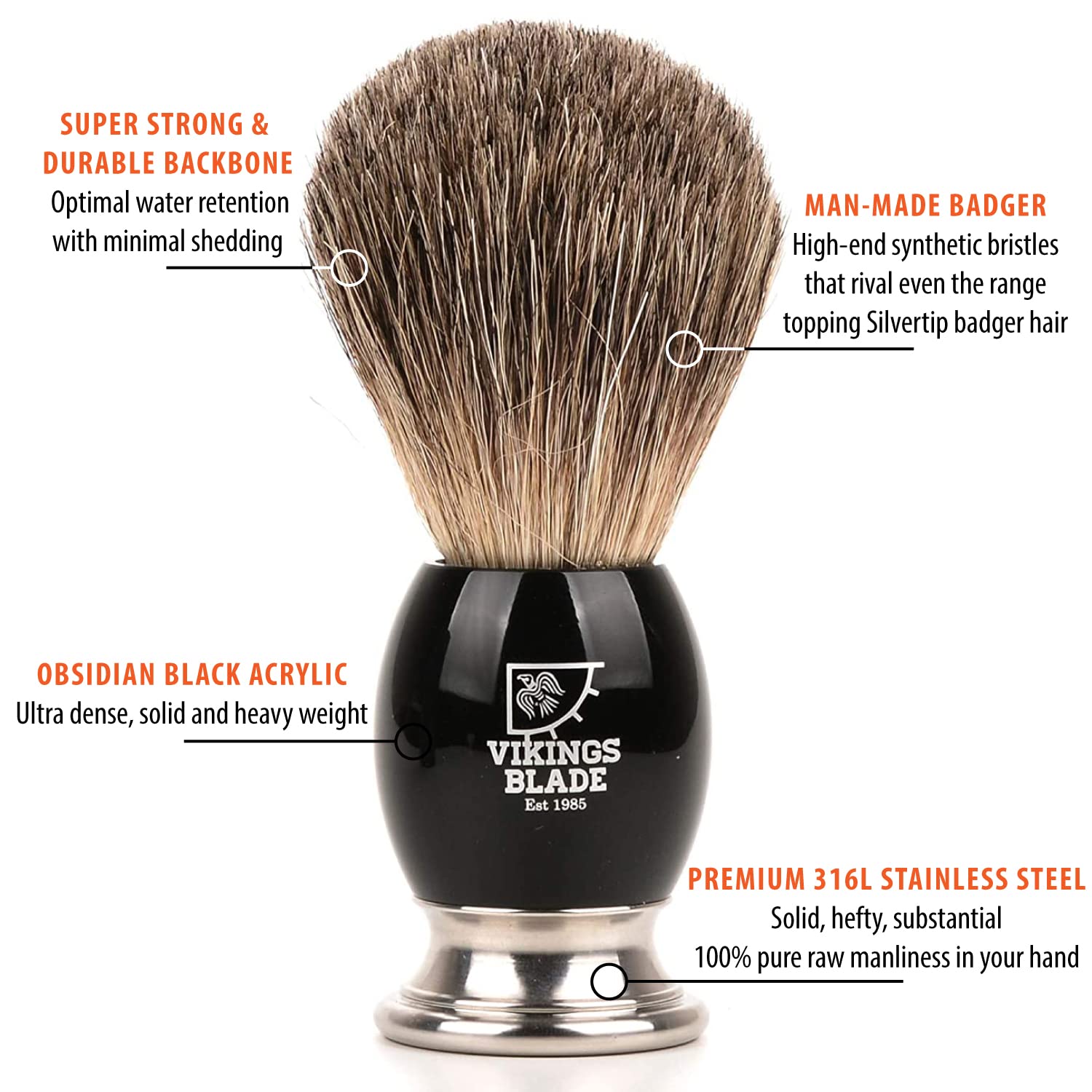 Luxury Shaving Brush for Men by VIKINGS BLADE, Ultra Heavy Acrylic & 316L Steel Handle, Super Strong Knot Backbone, Minimal Shedding, Fast Lather, Extremely Smooth & Plush on Skin (Dark Stallion) - Image 2