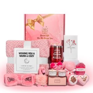 12 Pcs Birthday Gifts for Women, Self Care Gifts, Unique Relaxing Spa Gift Basket with Luxury Flannel Blanket, Get Well Soon Gifts for Women, Mom, Friends, Sister, Wife, Mother’s Day,Valentine’s Day
