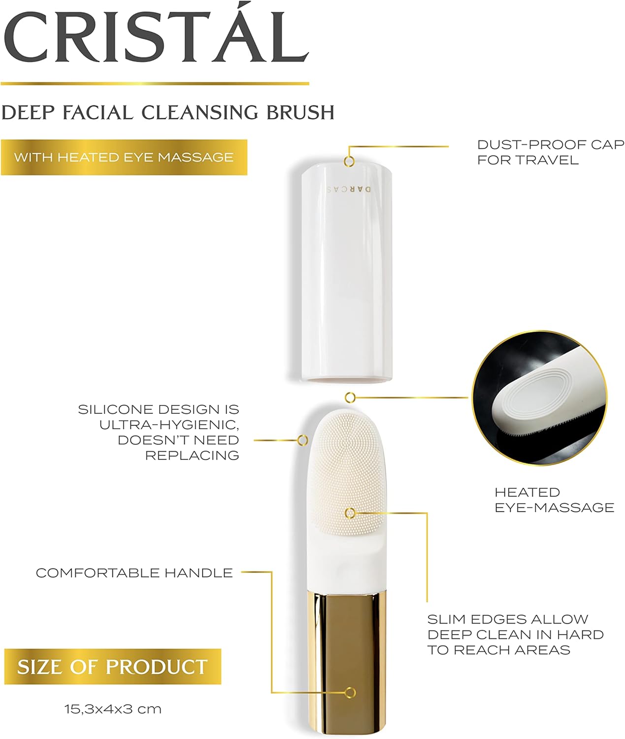 DARCASE CRISTÁL – A Luxury Facial Cleansing Brush. Dual Function - Deep Cleansing with Silicone Bristles & Heated Eye Massage - Image 4