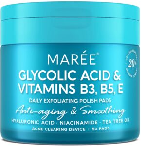 MAREE Glycolic Acid Pads – Toner Pads for Face Cleansing – Exfoliating Pad with Tea Tree Oil, Salicylic Acid & Vitamins E, B3, B5 – Acne Clearing, Skin Pore Resurfacing & Radiance Device – 50 Count