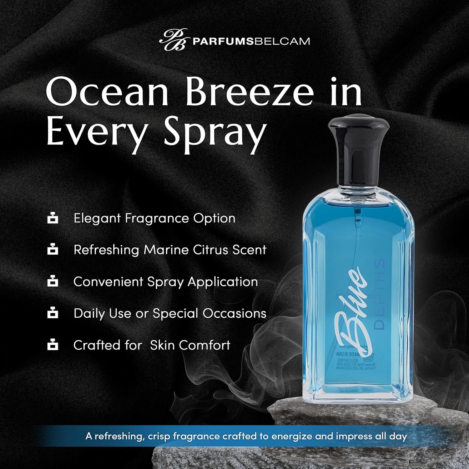PB ParfumsBelcam Blue Depths Eau de Toilette Fragrance Spray - 2.5 Fl Oz. Fresh Aquatic Cologne for Men with Crisp Citrus, Warm Musk & Amber Scent, Crafted with Premium Oils for Day & Night Use - Image 3