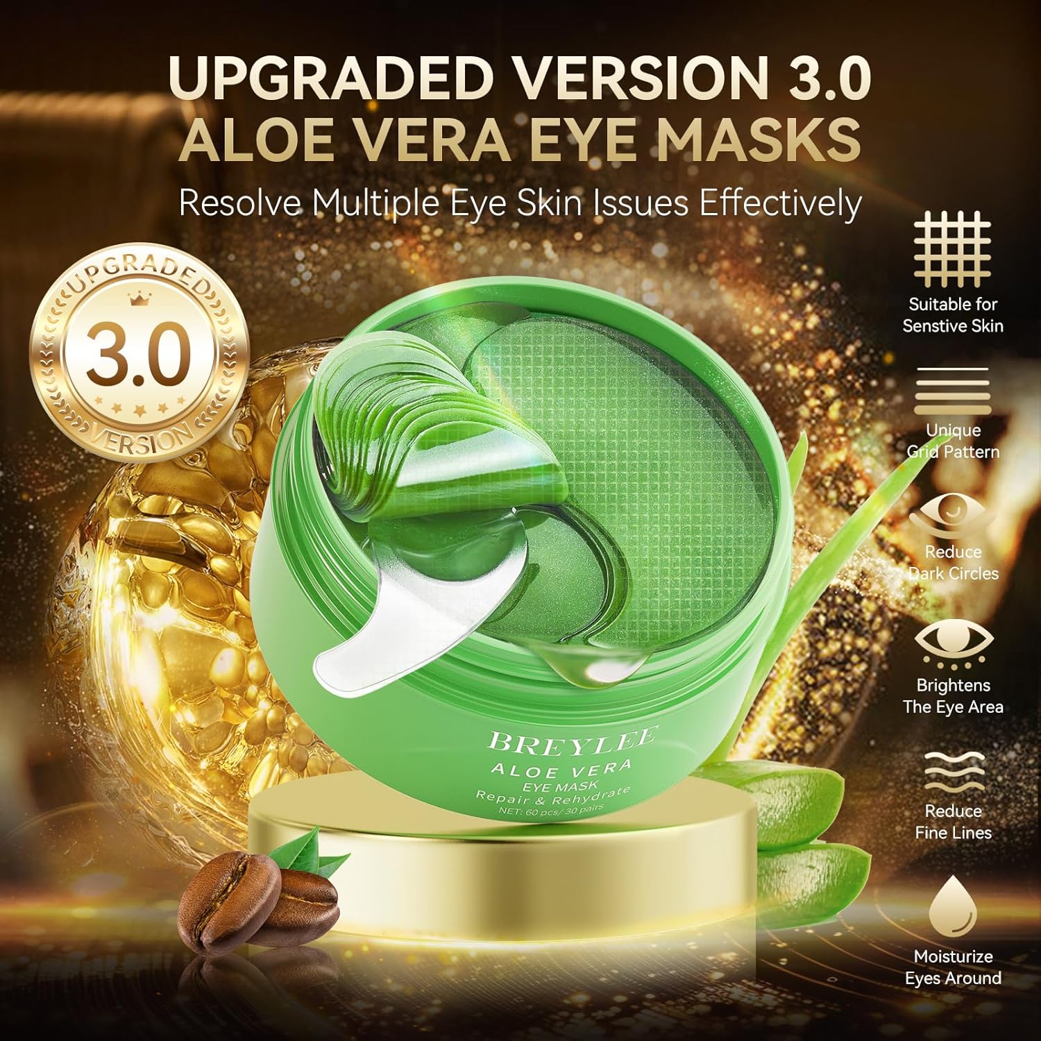 BREYLEE Renewal Care Kit with Aloe Vera Eye Masks – 60 Pcs & Renewing Serum, Under Eye Patches For Puffy Eyes,Hydrates, Improves And Firms The Eye Area, Suitable For Both Women And Men - Image 9