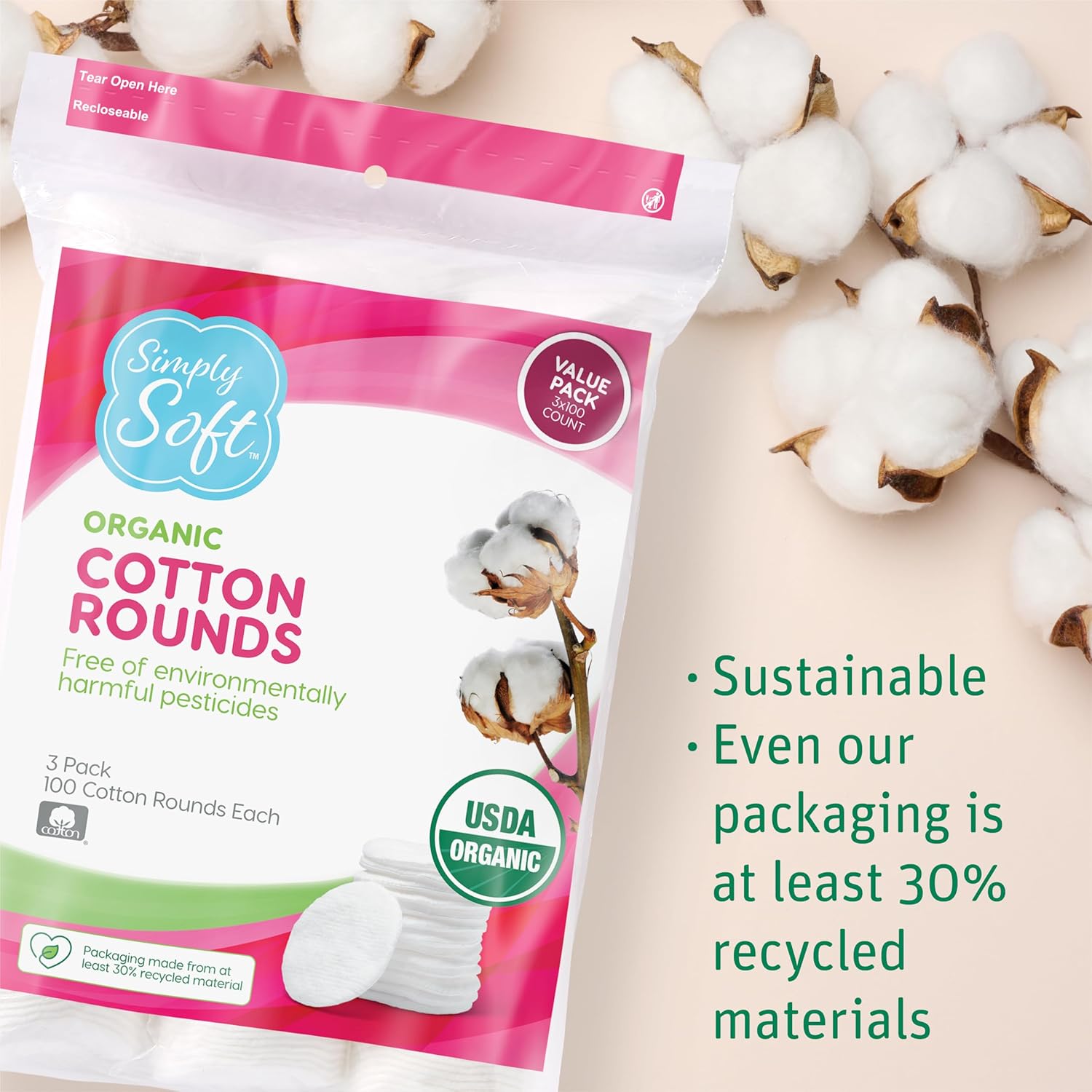 Simply Soft Premium Organic Cotton Rounds, 100 Count (Pack of 3), 100% Cotton Pads, Certified Organic, Hypoallergenic, Soft & Absorbent for Beauty, Cosmetics, Skin Care, Lint Free - Image 7