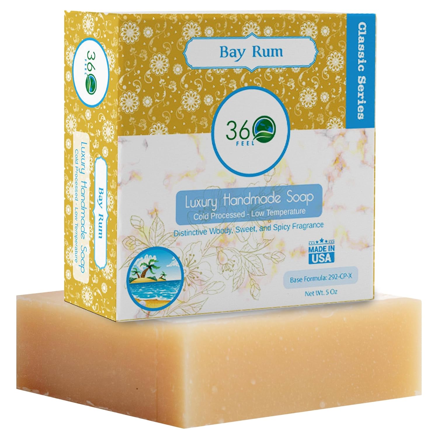 360Feel Bay Rum Soap - Handcrafted Castile Soap Bar with Spicy Scent - Handmade with Bay Rum Essential Oil for Men - A Gift for Anniversaries, Weddings, and Holiday Stockings - Rich Lather - 5 Ounce