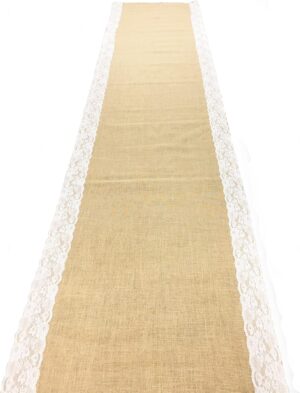 AAYU Brand Premium Burlap 40″ x 20 ft Outdoor Wedding Aisle Runners with 5 inches Wide Ivory lace Attached Edges (40 inch 20-feet) Runner – 40-inch W and 20-feet Long
