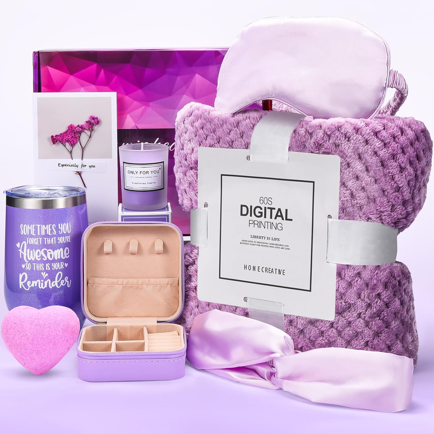 Birthday Gifts for Women Gifts Basket: Self Care Gifts,Romantic Spa Self Care Package with Purple Flannel Blanket,Unique Xmas Gifts for Her - Birthday Gifts for Mom, Wife, Girlfriend, Friends, Sister