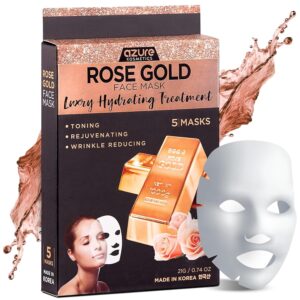 Rose Gold Korean Facial Sheet Mask By Azure – Protects Against Sun & Outdoor Pollutants | Restores Natural Elasticity | Removes Dirt and Toxins For Clear Looking Skin – 5 PK