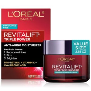 L’Oreal Paris Revitalift Triple Power Anti-Aging Face Moisturizer, Fragrance Free, Pro Retinol, Hyaluronic Acid & Vitamin C to Reduce Wrinkles, Firm & Brighten Skin, 2.55 Oz