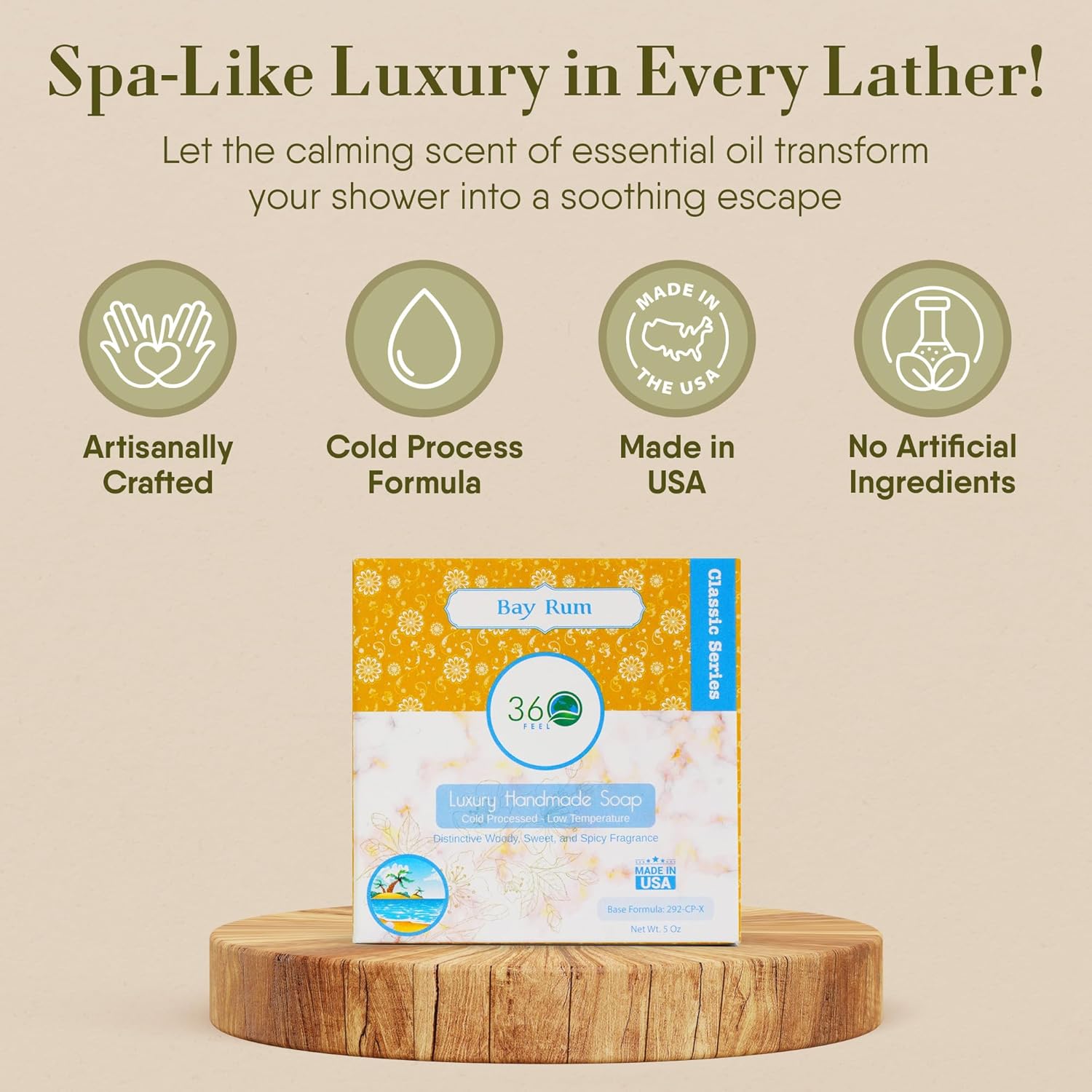 360Feel Bay Rum Soap - Handcrafted Castile Soap Bar with Spicy Scent - Handmade with Bay Rum Essential Oil for Men - A Gift for Anniversaries, Weddings, and Holiday Stockings - Rich Lather - 5 Ounce - Image 3