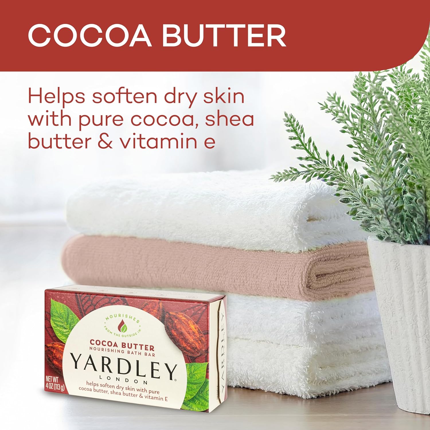 Yardley London Nourishing Bath Soap Bar Cocoa Butter, Helps Soften Dry Skin with Pure Cocoa Butter, Shea Butter & Vitamin E, 4.0 oz Bath Bar, 1 Soap Bar - Image 3