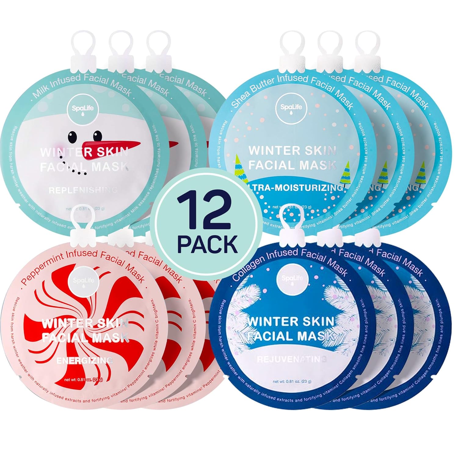SpaLife Winter Skin Facial Mask 12-Count Set - Infused with 4 Skin-Loving Ingredients - Moisturizing and Hydrating Sheet Masks - Rejuvenating Spa Treatment for a Glowing Complexion