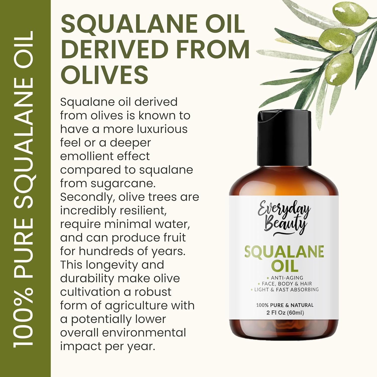 Squalane Oil - 100% Pure & Natural Plant Derived Facial Oil 2 Fl Oz - Cold Pressed and Unrefined Premium Grade Multipurpose Moisturizing Oil for Skin and Hair - Image 3