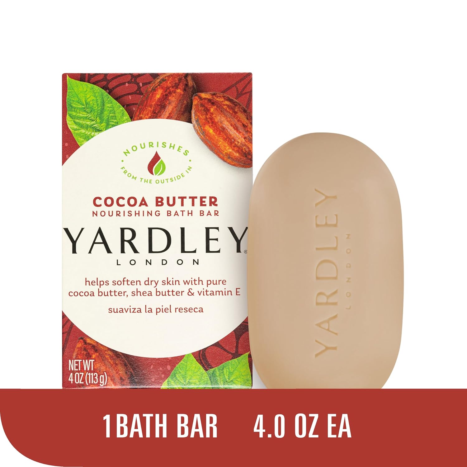 Yardley London Nourishing Bath Soap Bar Cocoa Butter, Helps Soften Dry Skin with Pure Cocoa Butter, Shea Butter & Vitamin E, 4.0 oz Bath Bar, 1 Soap Bar - Image 2