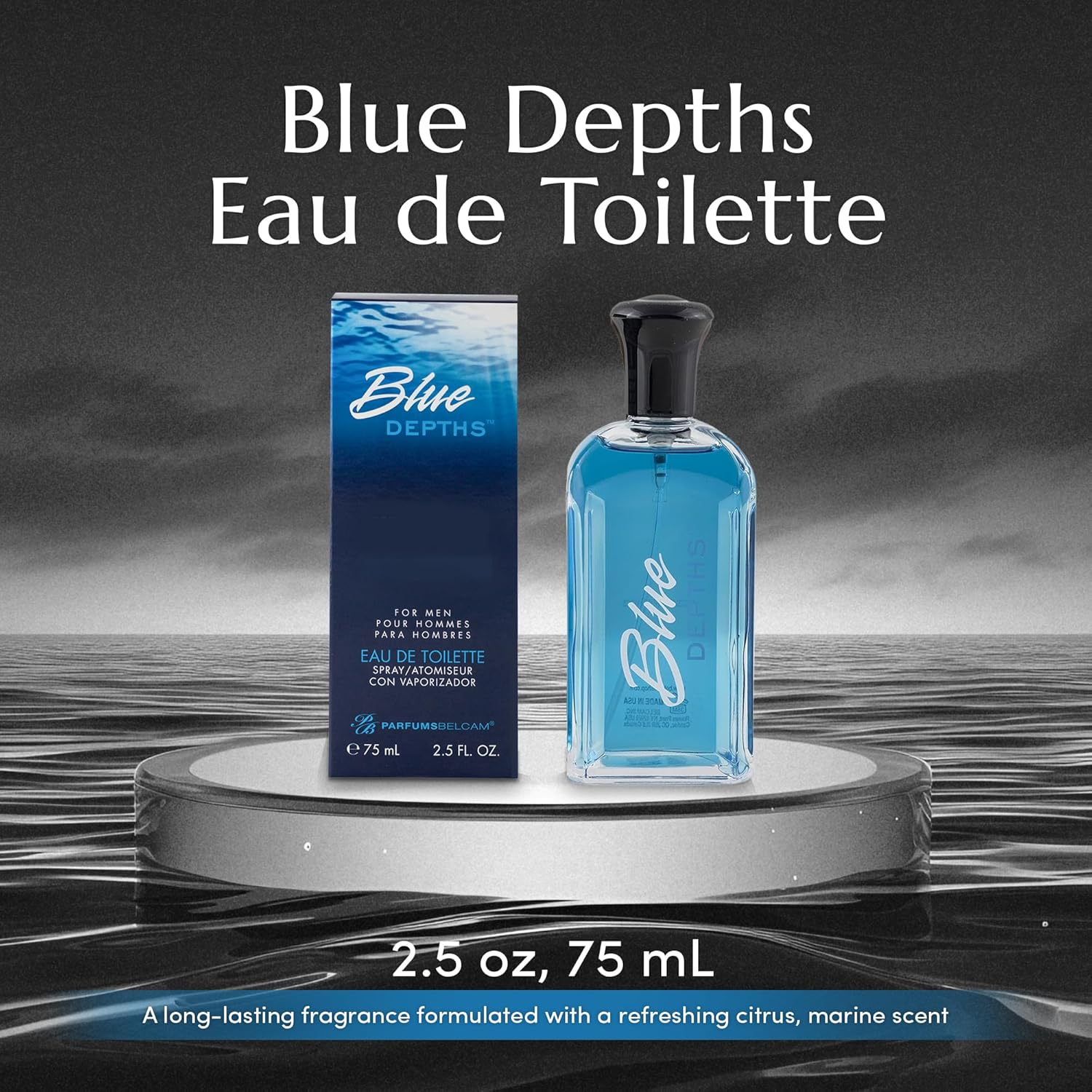 PB ParfumsBelcam Blue Depths Eau de Toilette Fragrance Spray - 2.5 Fl Oz. Fresh Aquatic Cologne for Men with Crisp Citrus, Warm Musk & Amber Scent, Crafted with Premium Oils for Day & Night Use - Image 2