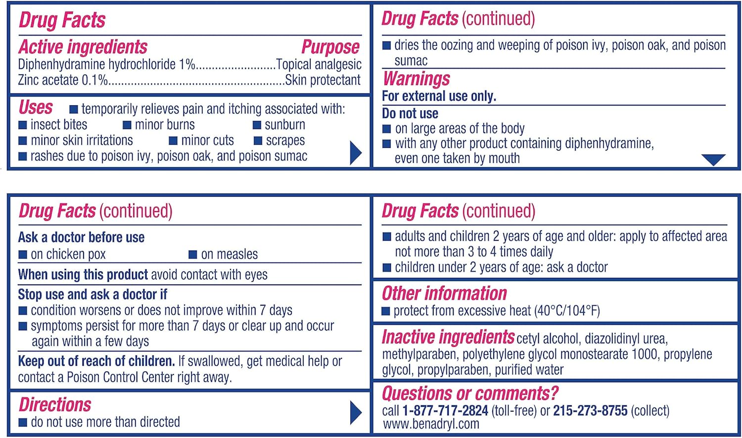 Benadryl Original Strength Anti-Itch Cream, Bug Bite Itch Relief, Diphenhydramine HCl Topical Analgesic & Zinc Acetate Skin Protectant, Great for Camping Essentials, 1 oz, 2 Pack - Image 9