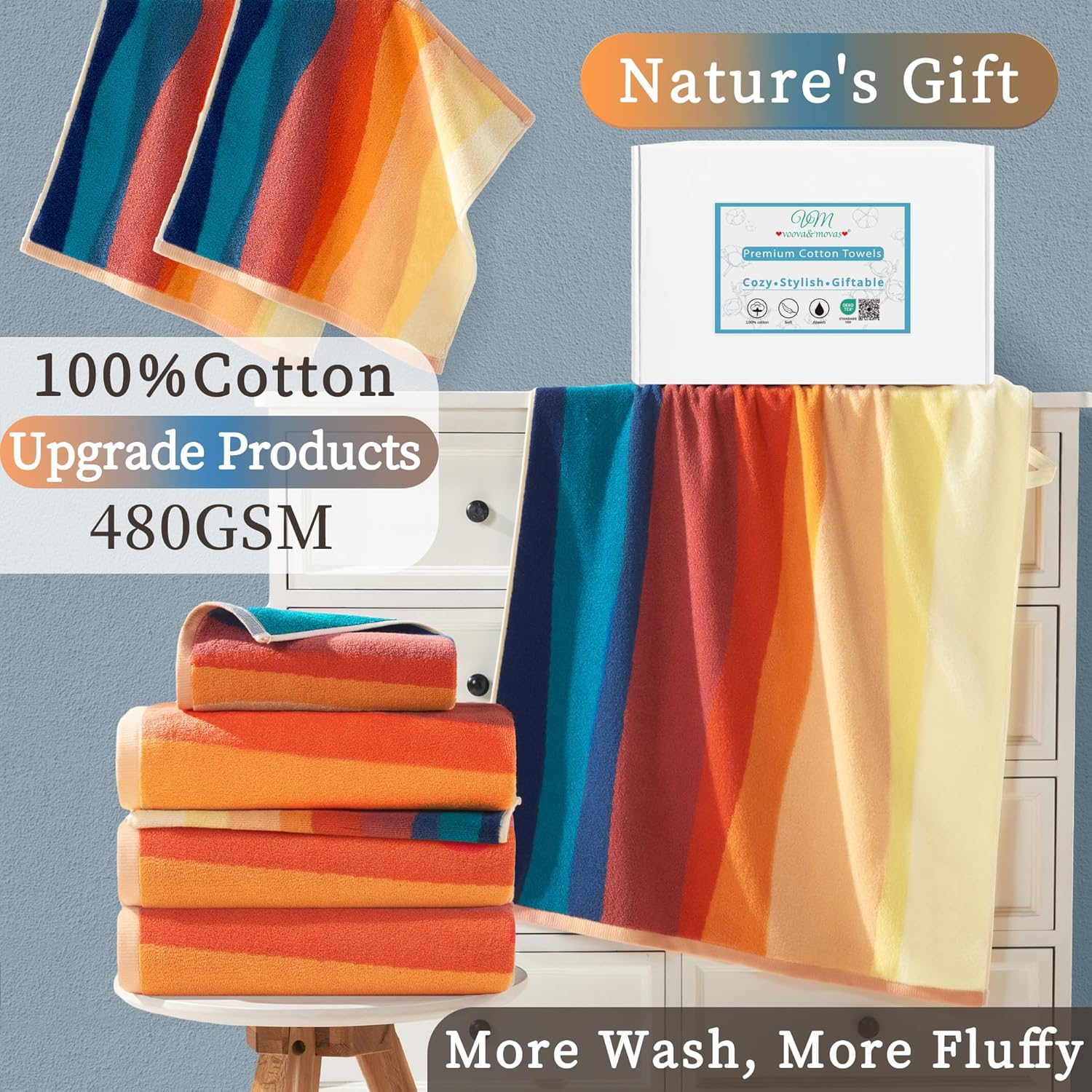 VOOVA & MOVAS Colorful Wash Cloths for Your Face (4PC, 13"x13") - 100% Cotton | 480GSM | Soft | Absorbent, Luxury Facial Towels, Fluffy Hand Towel for Shower, Painted Wash Cloths Set, Red and Orange - Image 3