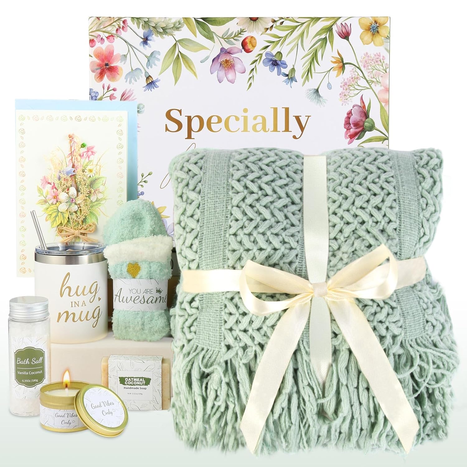Self Care Gifts for women, Birthday Gifts Get Well Soon Set W/Luxury Blanket for Women Care Package, Mothers Day Spa Sympathy Gift Baskets for Mom Her Wife Friend Grandma