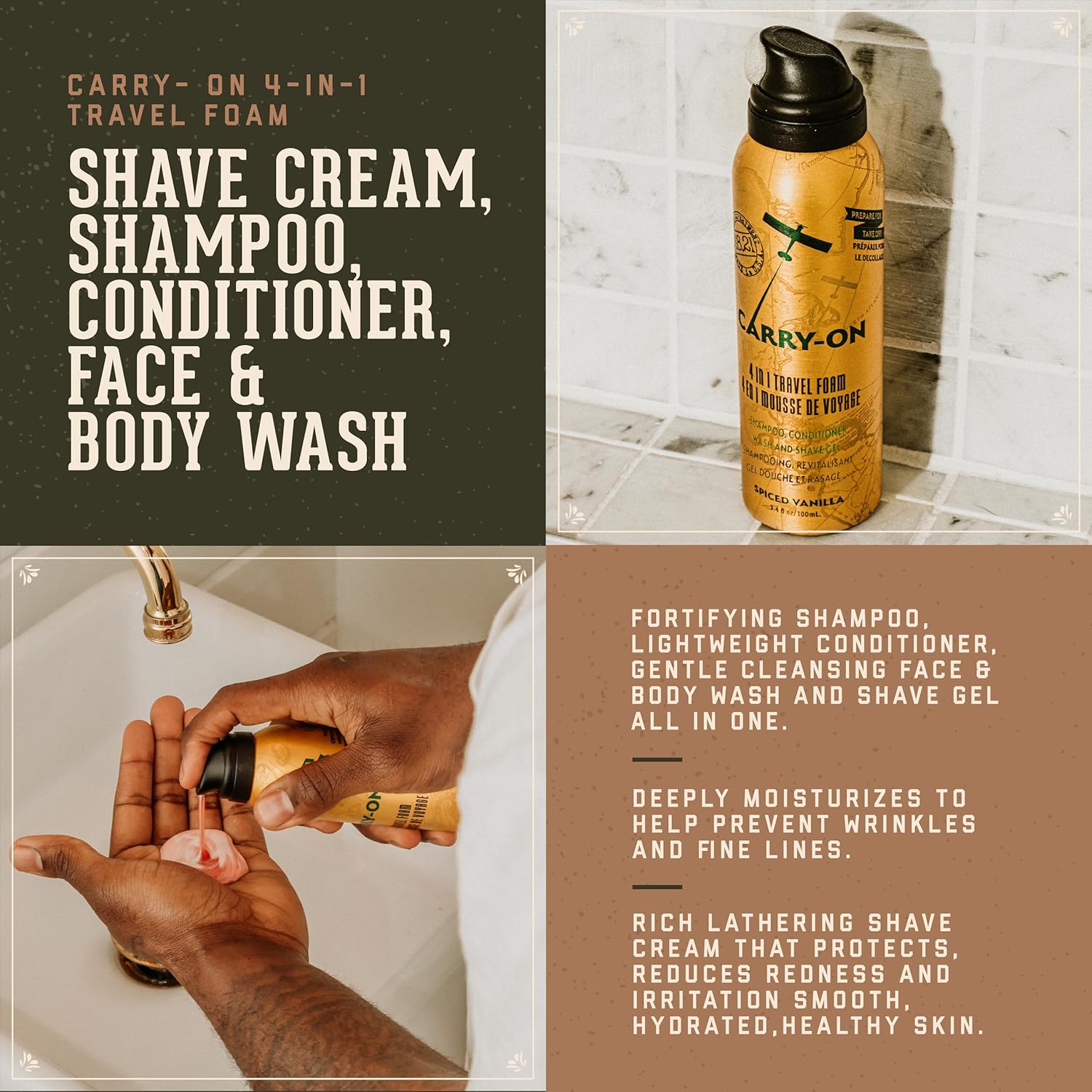 18.21 Man Made Carry On 4-in-1 Travel Foam, Shampoo, Conditioner, Wash & Shave, Carry-On Friendly, 3.4 fl. oz - Image 2