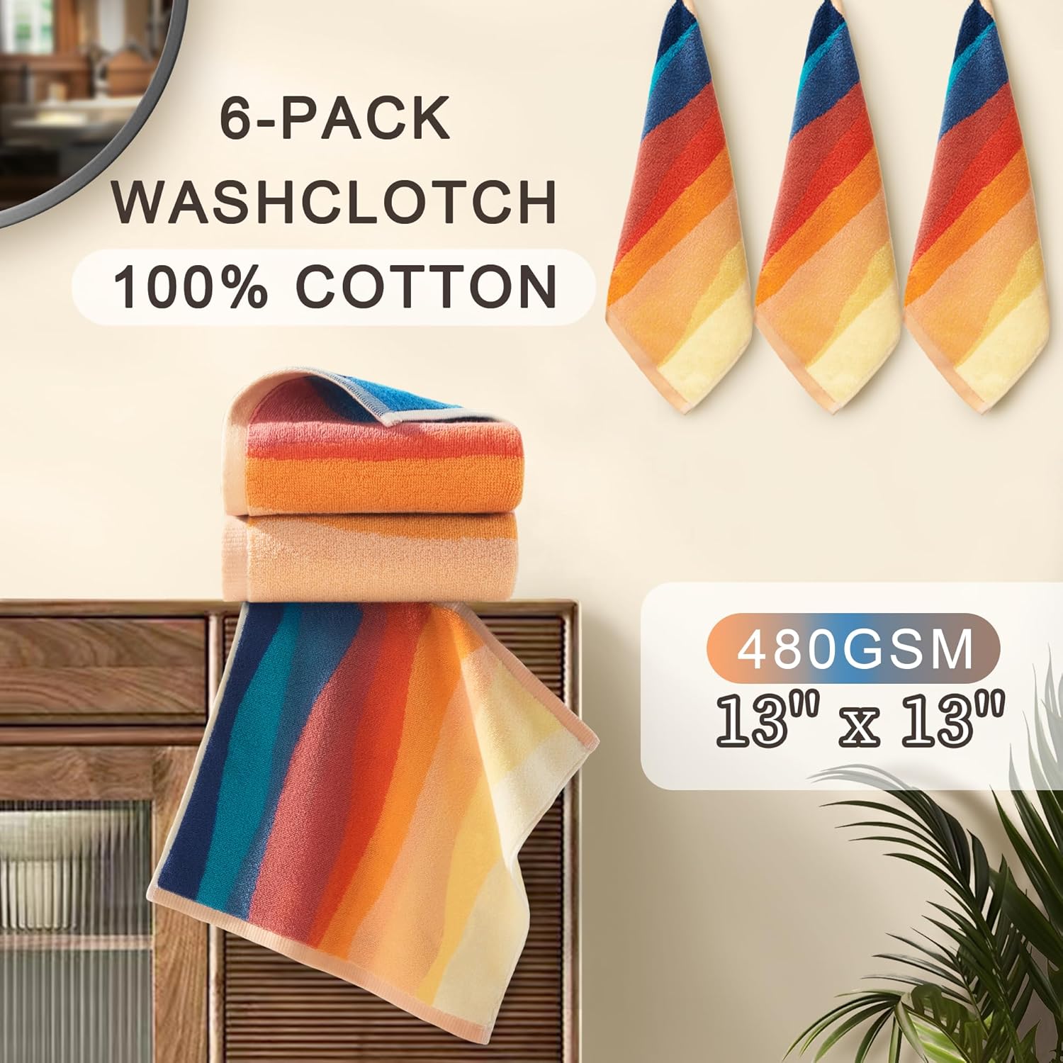 VOOVA & MOVAS Colorful Wash Cloths for Your Face (4PC, 13"x13") - 100% Cotton | 480GSM | Soft | Absorbent, Luxury Facial Towels, Fluffy Hand Towel for Shower, Painted Wash Cloths Set, Red and Orange - Image 4