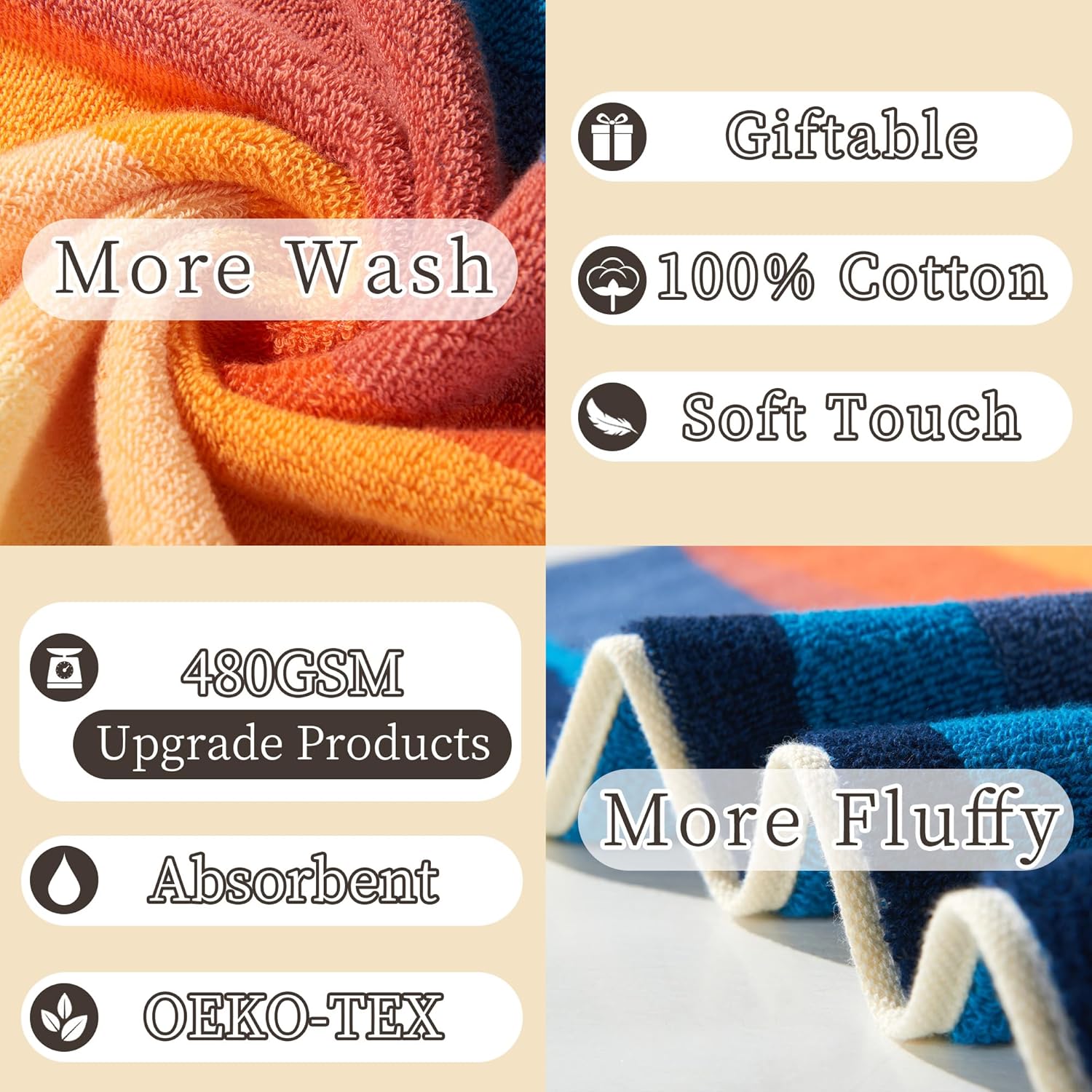 VOOVA & MOVAS Colorful Wash Cloths for Your Face (4PC, 13"x13") - 100% Cotton | 480GSM | Soft | Absorbent, Luxury Facial Towels, Fluffy Hand Towel for Shower, Painted Wash Cloths Set, Red and Orange - Image 2