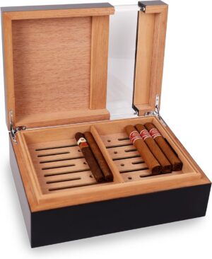 Hotel Collection Cigar Humidor – Elegant Wooden Storage Box with Adjustable Divider & Removable Tray, Luxury Home Bar Accent