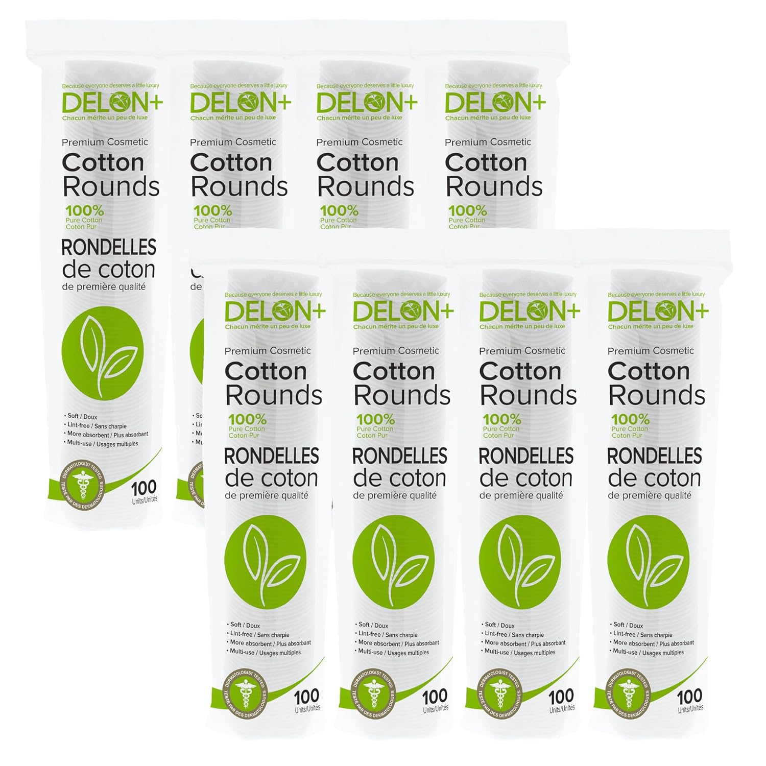 Delon Premium Dual-Sided Cotton Rounds, 100 Count (Pack of 1) – Lint-Free, Hypoallergenic, 100% Cotton Pads for Makeup, Skincare & Nails – Made in Canada