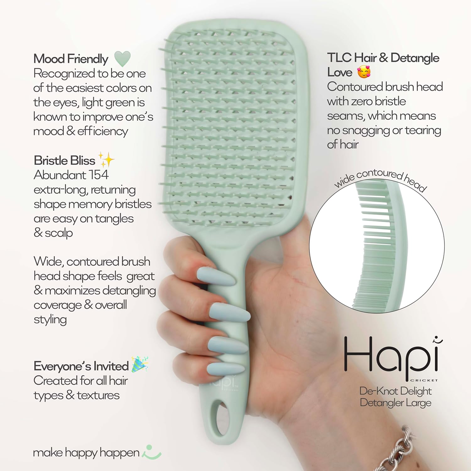 Cricket Hapi De-Knot Delight Detangler Brush Large - Featuring 154 Ultra-Soft Bristles, Flexible and Gentle Design, Fixed Bristles for Even Detangling, and an Ergonomic Wide Brush Head - Light Green - Image 3