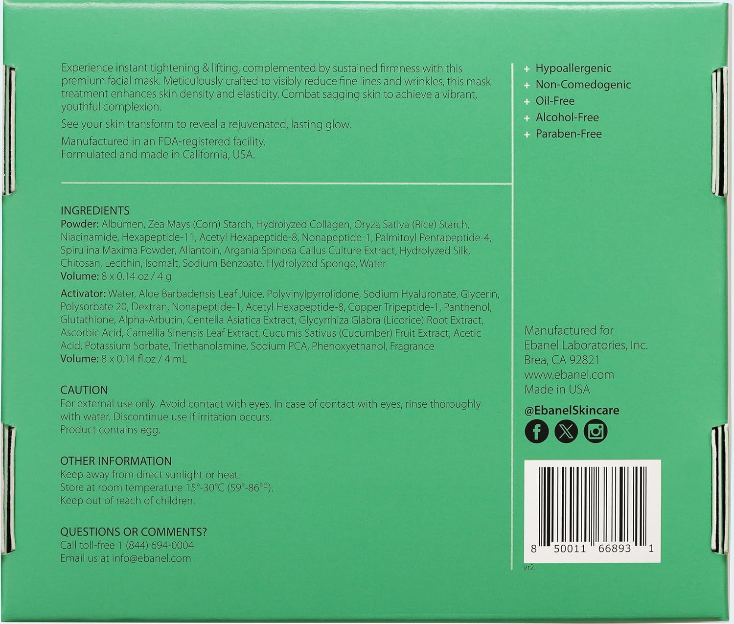Ebanel Collagen Peptides Wash-Off Face Mask Set, 8 Pack Instant Skin Tightening and Lifting Masks, Brightening Face Mask with Niacinamide, Glutathione, Hyaluronic Acid, Vitamin C, Cica, B5, Albumen - Image 10