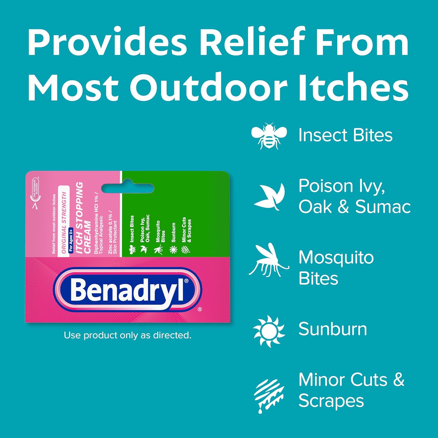 Benadryl Original Strength Anti-Itch Cream, Bug Bite Itch Relief, Diphenhydramine HCl Topical Analgesic & Zinc Acetate Skin Protectant, Great for Camping Essentials, 1 oz, 2 Pack - Image 3