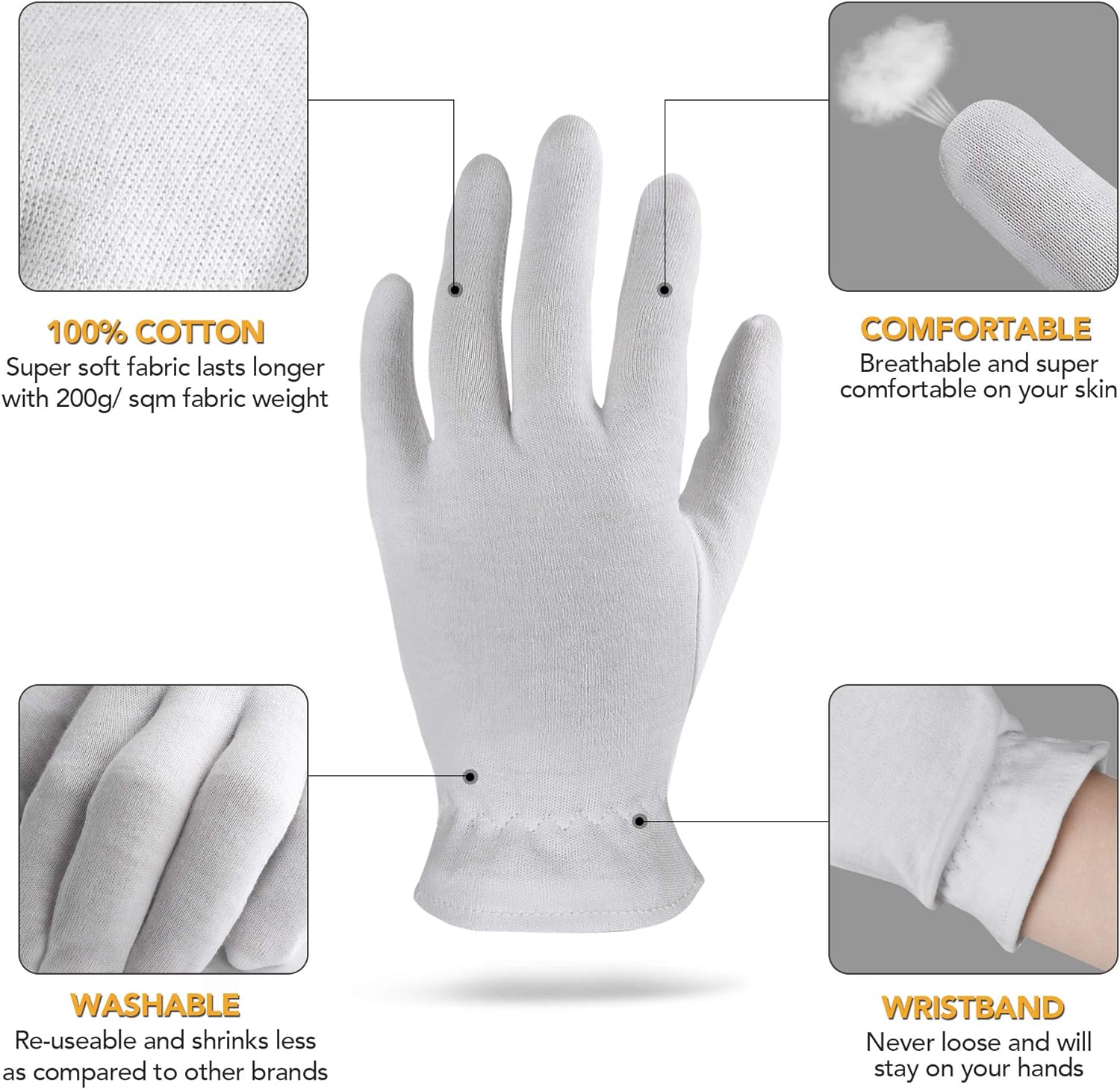 AKRILANE XXL Extra Extra Large 10 Pairs 100% Premium Cotton Gloves for Dry Hands | Moisturizing Overnight Gloves for Eczema, Psoriasis & Skin Spa Treatment for Women & Men | Free Laundry Bag, White - Image 5