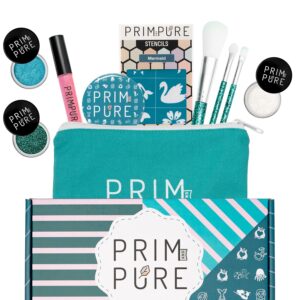 Prim and Pure Kids Makeup Gift Set – Stencil, Makeup Eyeshadow Bioglitter Lip Gloss and Cosmetic Bag Mirror Makeup Brush Accessories (Mermaid Blue)