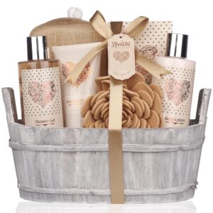 Spa Gift Basket – Bath and Body Set with Vanilla Fragrance by Lovestee – Gift Basket Includes Shower Gel, Body Lotion, Hand Lotion, Bath Salt, Eva Sponge and a Bath Puff