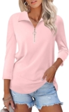 Women’s 3/4 Sleeve Tops V Neck T Shirts Zipper Collared Polo Shirts