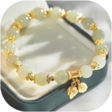 Hetian Jade Bracelet for Women 2024, Natural Green Nephrite Jade Bracelet with Gold Leaf Charm Bracelet, Lucky Handmade Jade Bracelet Ladies Jewelry