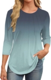 Women’s Casual Tops 3/4 Length Sleeve Casual Loose Fit Long Sleeve Pleated Shirts Crewneck Tops Blouses