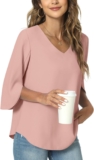 TAOHUADAO Womens 2025 Summer 3/4 Sleeve Tunic Tops Chiffon Work Blouse V-Neck Dressy Casual Shirt