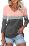 Women’s V Neck 3/4 Sleeve Tops Color Block/Solid Shirts Basic Summer Tees
