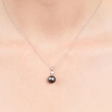 The Pearl Source 14k Gold Round Black Tahitian South Sea Cultured Pearl & Diamond Michelle Pendant Necklace for Women