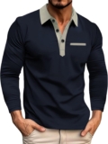 Men’s T-Shirts,Mens Long Sleeve Polo Shirts Flip Collar Golf Tops Button Solid Color T Shirts Casual Cotton Tees