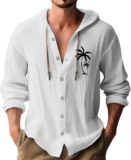 Mens Long Sleeve Shirt,Mens Linen Shirts Casual Button Down Shirts Long Sleeve Roll-Up Sleeve Spring Beach Tops with Hood