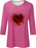 Valentine’s Day Women’s Blouses Casual Round Neck 3/4 Sleeve Heart Print Shirt Valentines Day Shirts