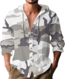 Men’s T-Shirts,Men’s Linen Casual Shirts with Hood V Neck Long Sleeve Hooded Sweatshirts Summer Button Up Hawaiian Shirts