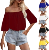 Binmer Womens Summer Off Shoulder Blouse 3/4 Sleeve Casual Tunic Tops Loose Fit Solid Three-Quarter Sleeve Pleated Tshirts