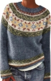 Women’s Vintage Fair Isle Sweater Fall Crewneck Colorful Cable Knit Sweater Vintage Graphic Cropped Boho Pullover